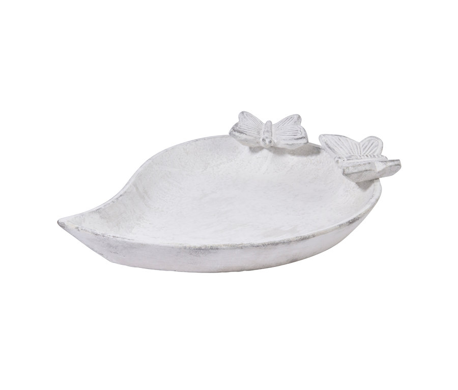 Weißes, blattförmiges Vogelbad-Insektentränke »Foglia« mit zwei Schmetterlingen.