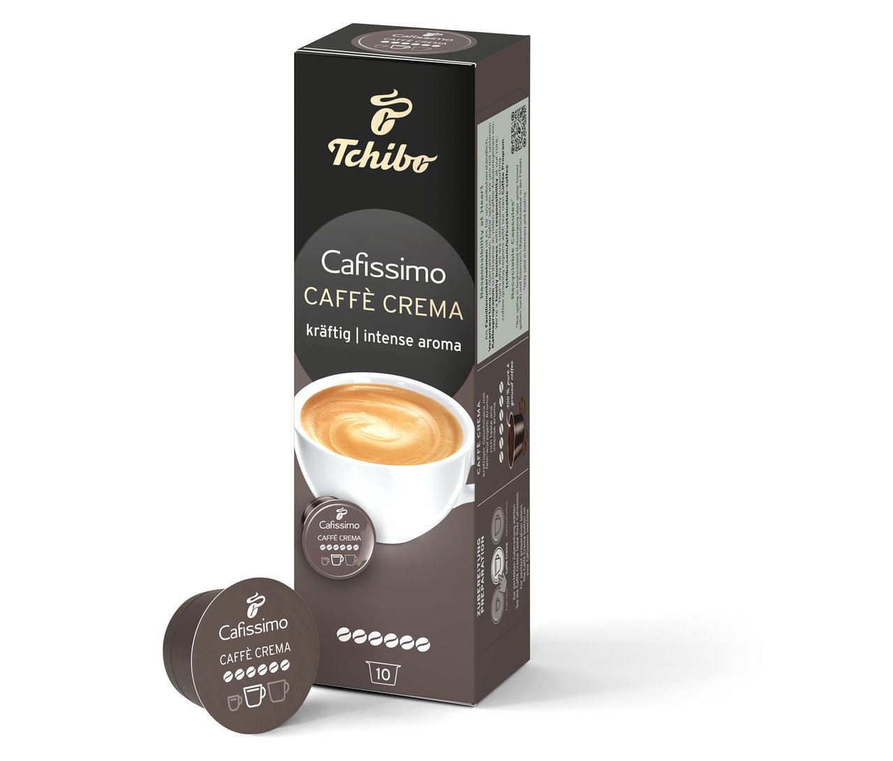 Eine Packung Caffè Crema Kräftig mit 10 Kapseln steht neben einer einzelnen Kapsel. Auf der Packung ist eine Tasse Kaffee abgebildet.