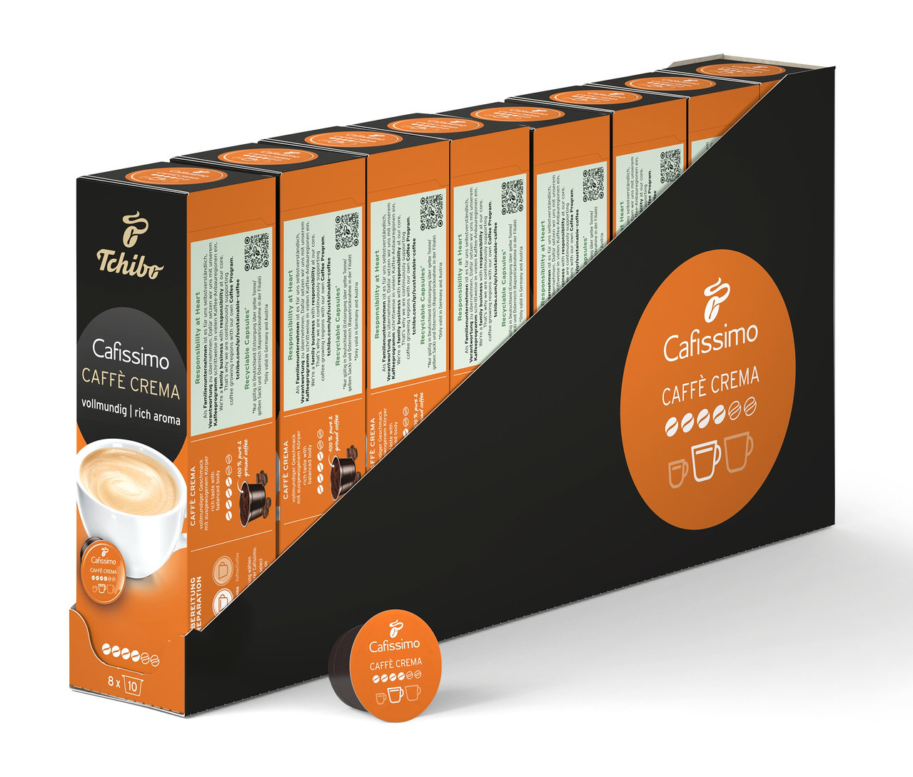 Mehrere Packungen Cafissimo Caffè Crema vollmundig - 80 Kapseln sind in einer schwarzen Halterung aufgereiht.
