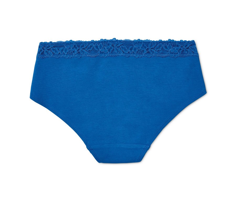Nahaufnahme von blauen Damen Slips mit Spitze am Bund. 2 Pantys, blau.