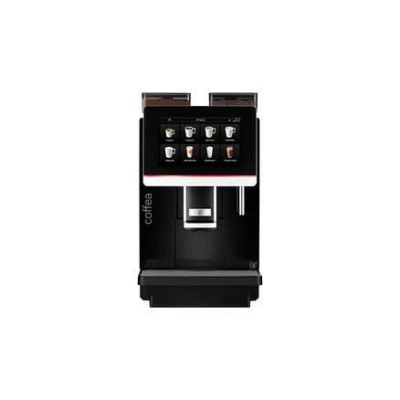 Ein schwarzer Kaffeevollautomat mit Touchscreen, der verschiedene Getränke anzeigt.