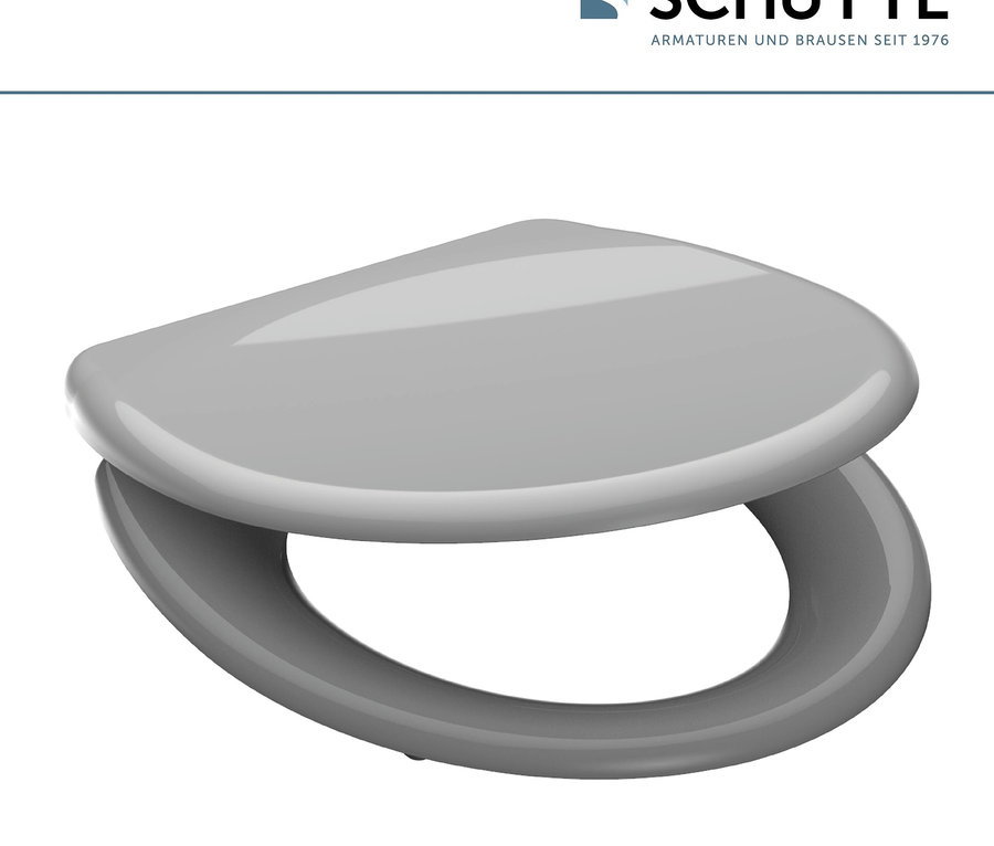 Ein grauer Schütte WC-Sitz vor weißem Hintergrund.