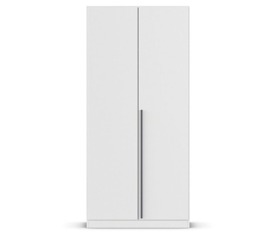 Weißer Doppeltürenschrank mit langem silbernem Griff in der Mitte.