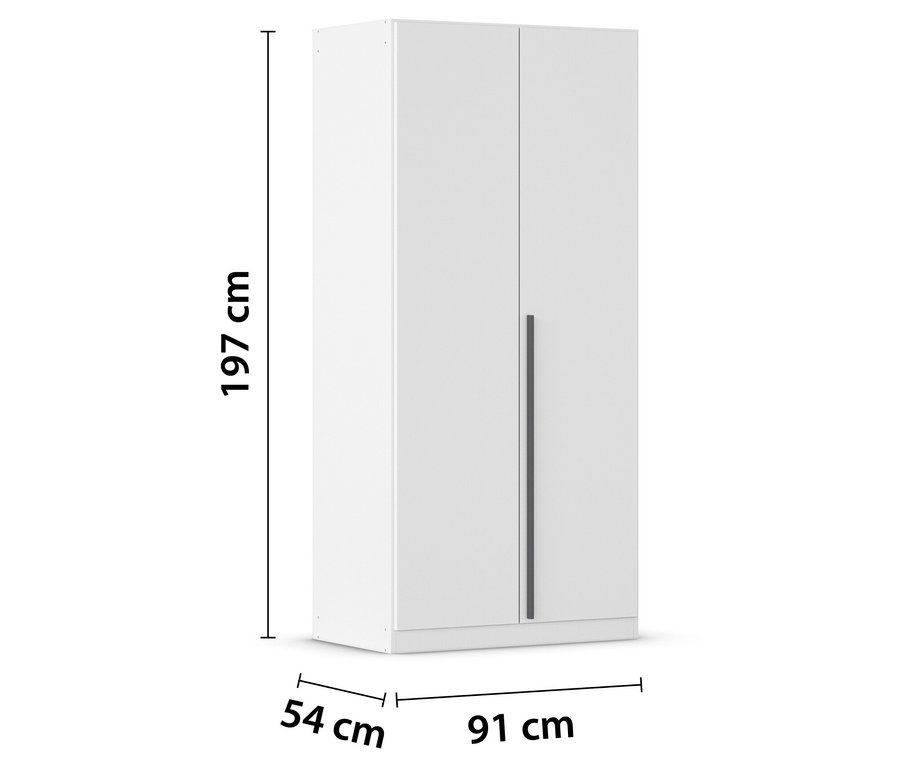 Weißer Kleiderschrank mit zwei Türen, Abmessungen: 197 cm hoch, 91 cm breit und 54 cm tief.