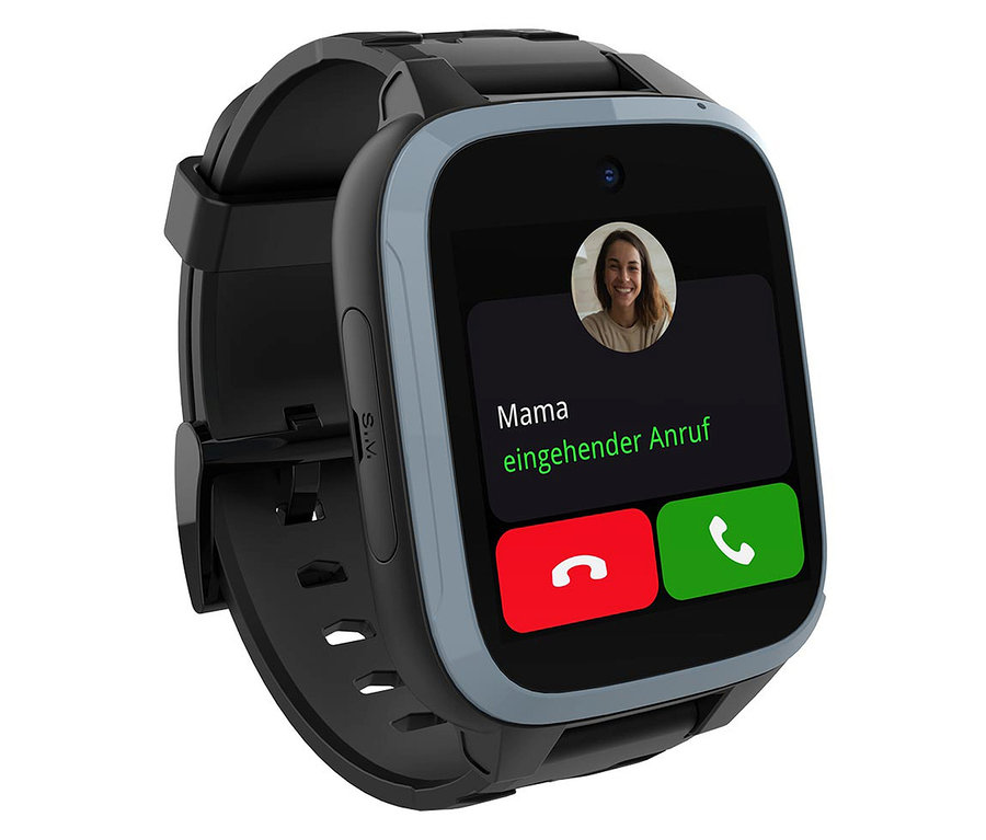 Detailansicht einer schwarzen Smartwatch mit grauem Rahmen, die einen eingehenden Anruf von 'Mama' anzeigt. Kids Watch Xplora XGO3 schwarz.