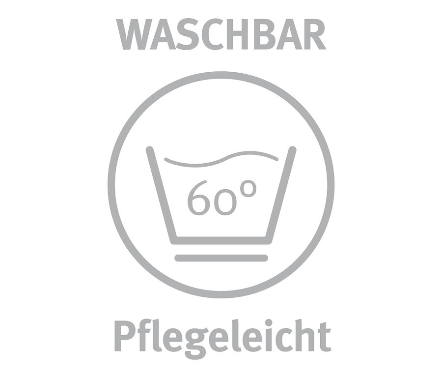 Symbol für Waschbarkeit bei 60 Grad und der Text "Pflegeleicht".