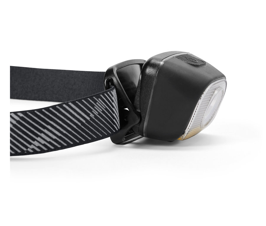 Detailansicht einer schwarzen Stirnlampe mit einem gestreiften Kopfband.