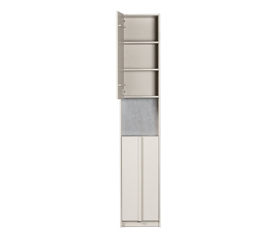 Hoher Woood Basu Schrank in Kiefer Dust Farbe, mit offenem Oberteil und Türen unten.