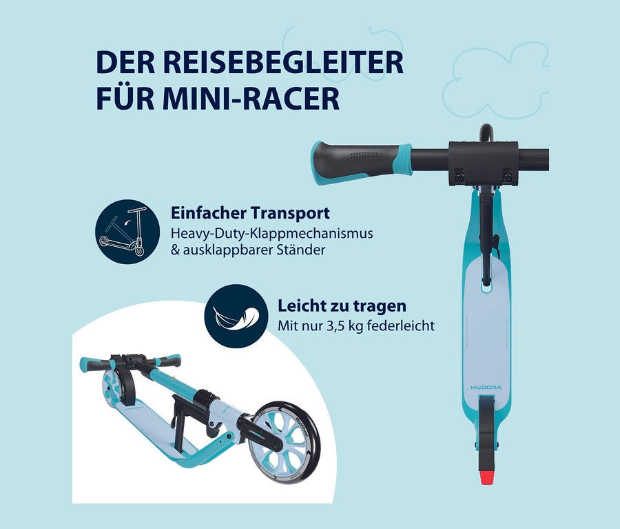 Zwei Ansichten des HUDORA Scooters »BigWheel 180 Advanced Junior« auf hellblauem Hintergrund.