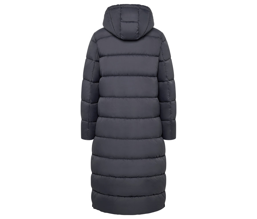 Detail der Rückseite einer langen, gesteppten Daunenjacke mit Kapuze in Grau.