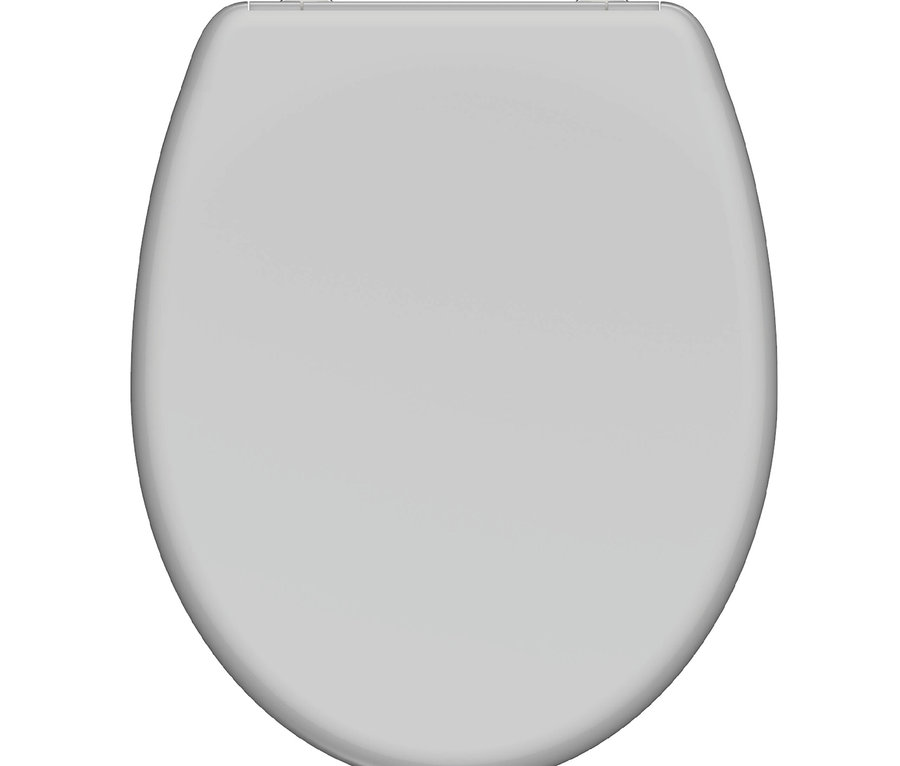 Draufsicht auf einen geschlossenen, weißen Toilettensitz.