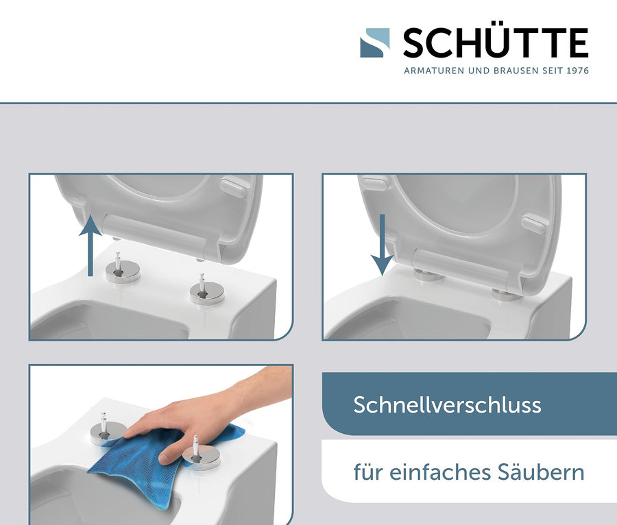 Illustration der Demontage und Reinigung eines WC-Sitzes mit Schnellverschluss.