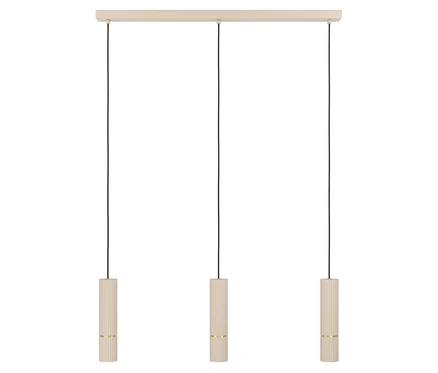 Drei beige zylinderförmige Leuchten hängen an schwarzen Kabeln von der Decke.