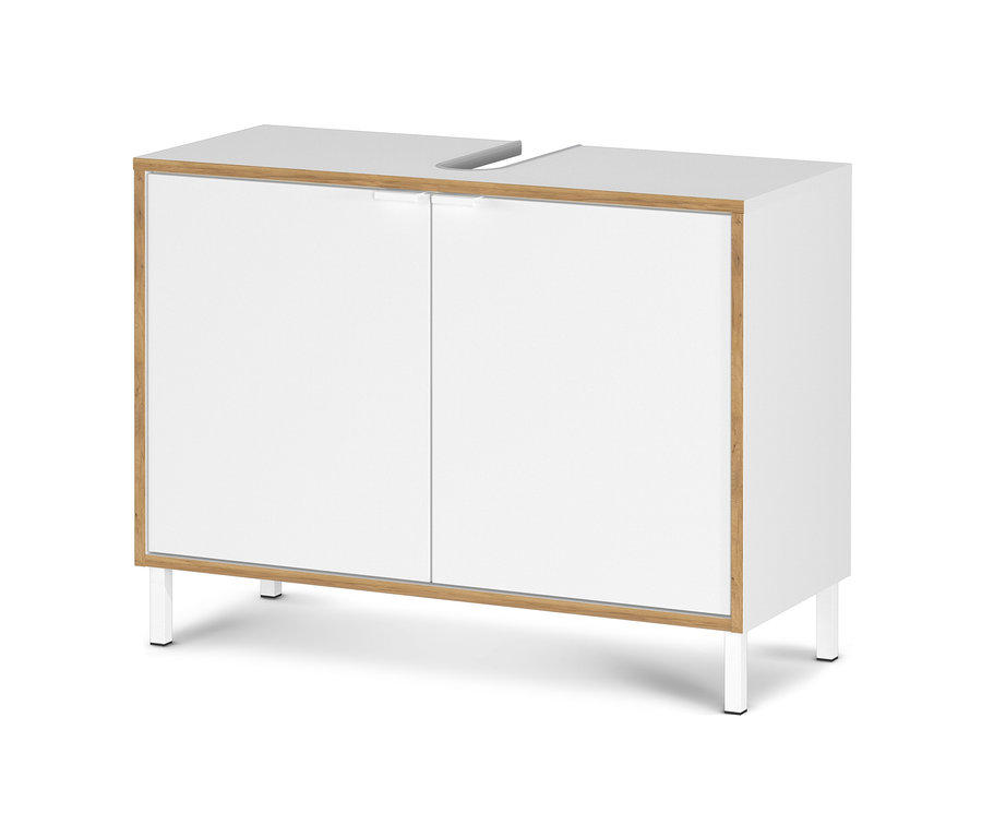 Weißer Waschbeckenunterschrank »Namsos 5000« mit Holzrahmen.