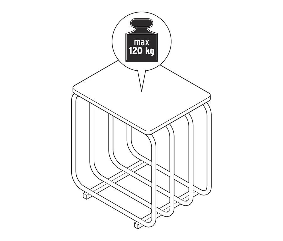 Zeichnung eines Hockers mit einer maximalen Belastbarkeit von 120 kg.