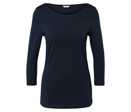 Marineblaues Langarmshirt mit Rundhalsausschnitt auf weißem Hintergrund.
