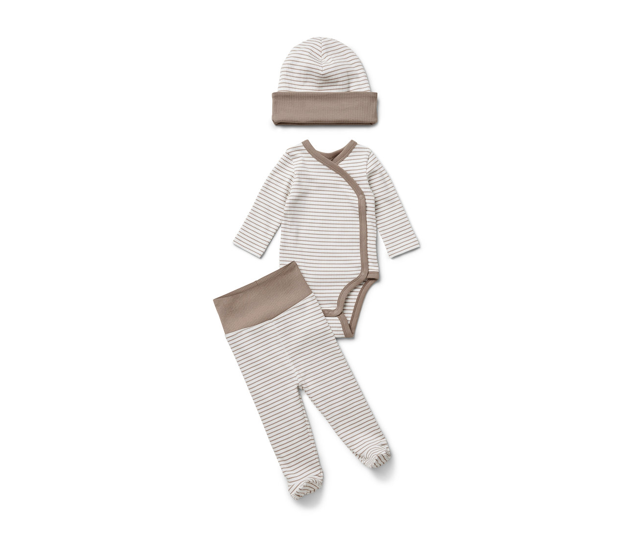 Gestreiftes Baby-Set, 3-teilig: Mütze, Langarmbody und Hose.