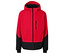 Rote Jacke mit Kapuze und schwarzen Unterteilen.