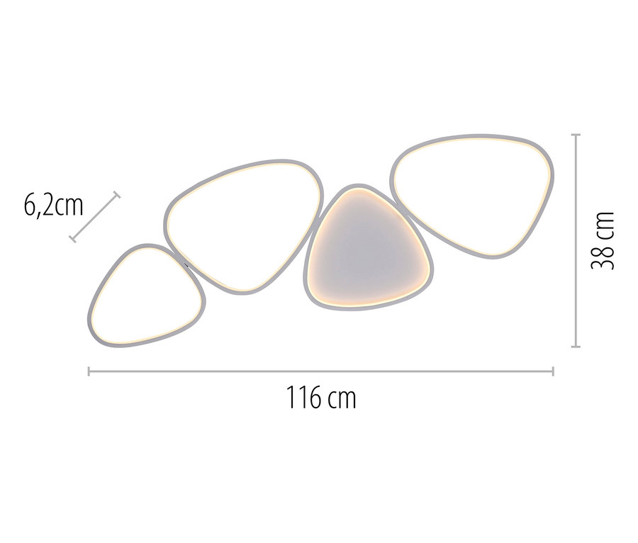 Dekorative Beleuchtung in Form von fünf Steinen mit Abmessungen von 6,2 cm Breite und 38 cm Höhe und 116 cm Länge.