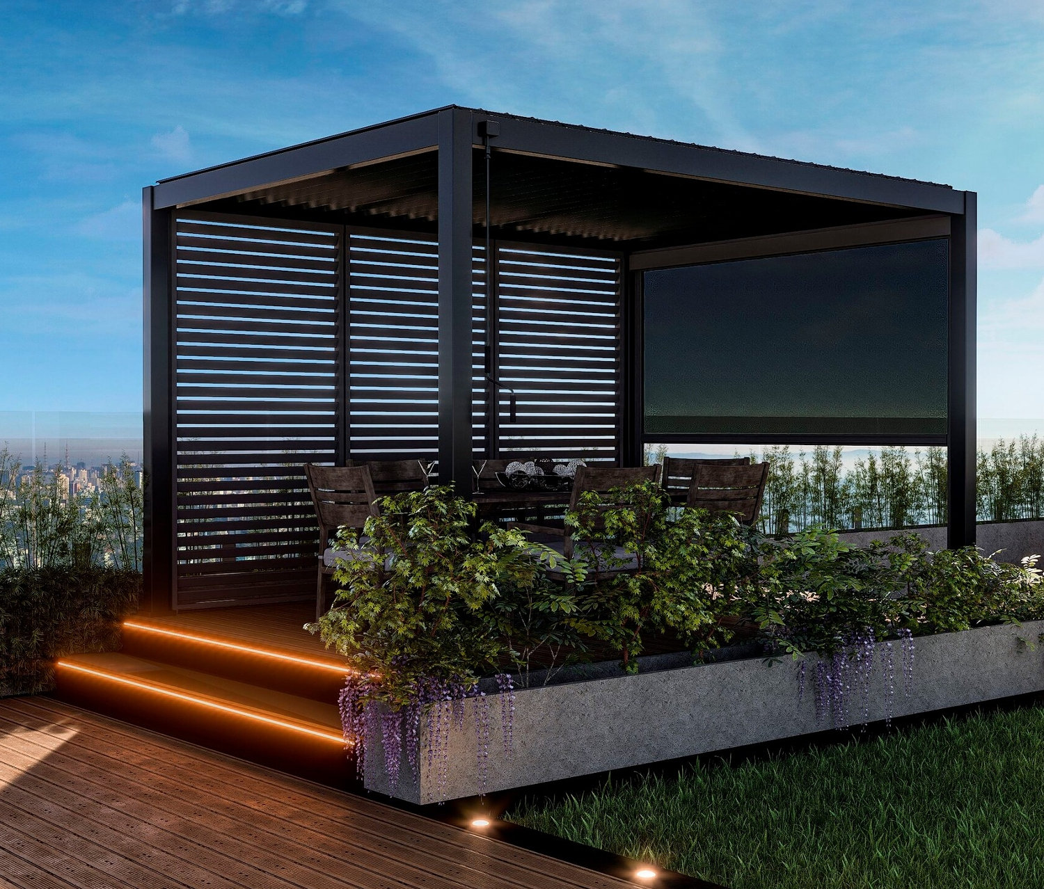 Terrasse mit anthrazitfarbener Leco Premium Pergola, 3 x 4 m, inklusive 2 Seitenwänden.