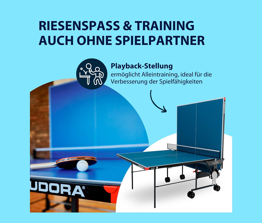 Blauer HUDORA Tischtennisplatte »Game« Tischtennistisch in Trainingsposition.