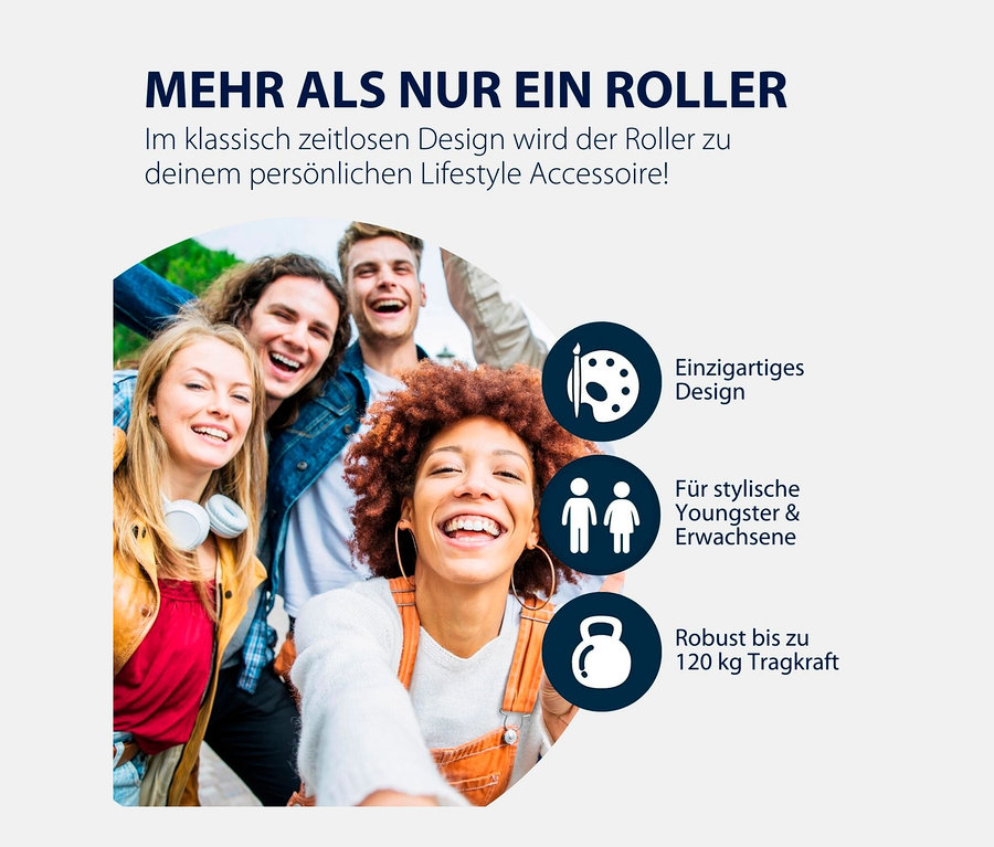 Eine Gruppe von fünf jungen Erwachsenen lächelt und macht ein Selfie. Im Hintergrund ist ein Slogan mit Icons zu sehen. HUDORA-Scooter »BigWheel®« Air 230.