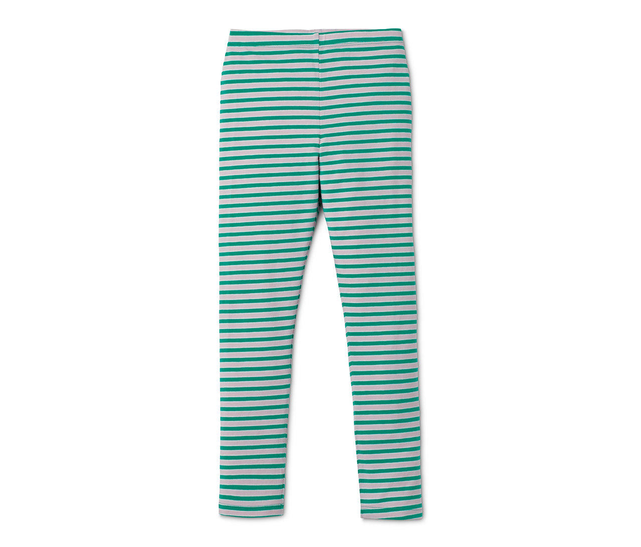 Zwei Leggings mit horizontalen grünen und weißen Streifen.