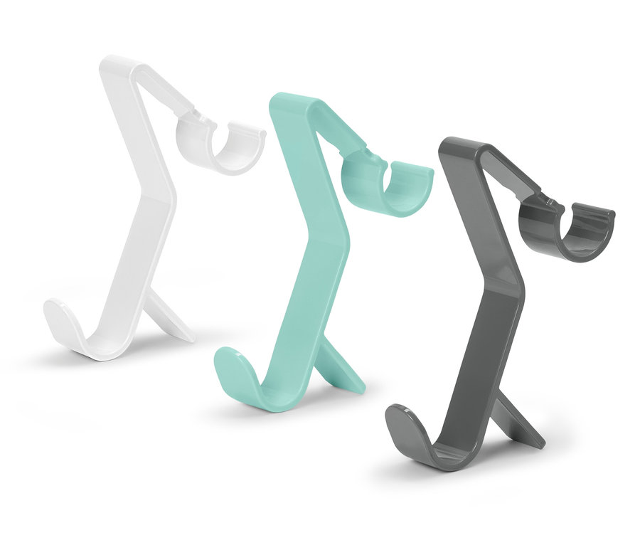 Drei Handyhalter in Weiß, Türkis und Grau.