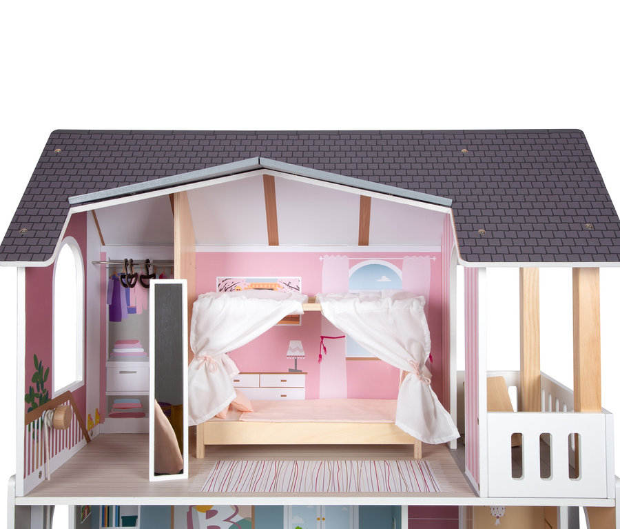 Detailansicht des teilweise geöffneten small foot Puppenhauses Stadtvilla, das Schlafzimmer und Ankleidezimmer zeigt.