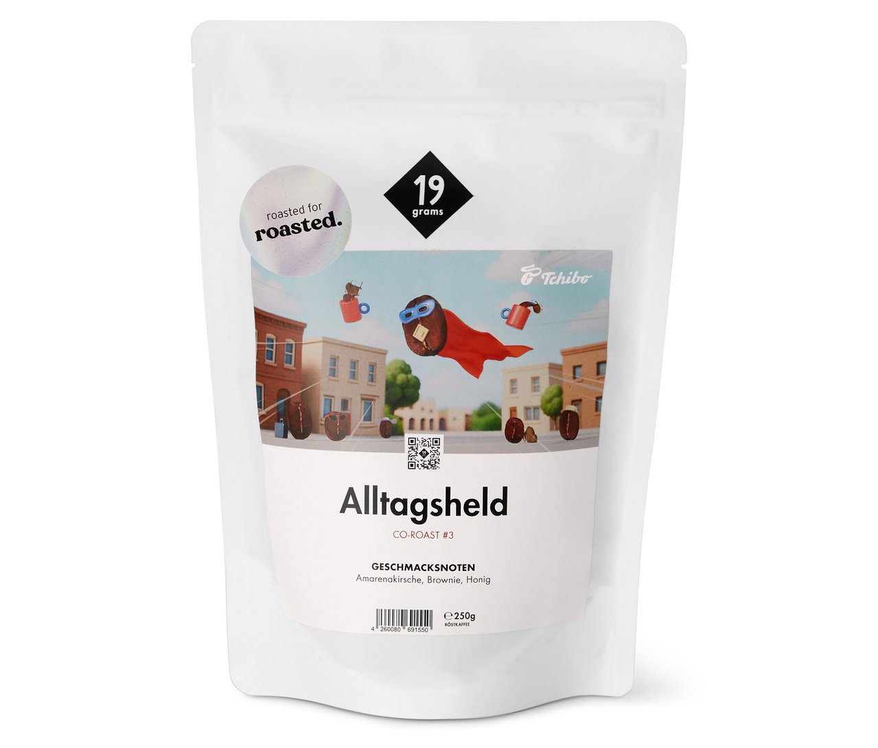Eine weiße Packung 19grams x roasted. - Alltagsheld Co-Roast #3 Omni-Roast - 250 g Ganze Bohne.