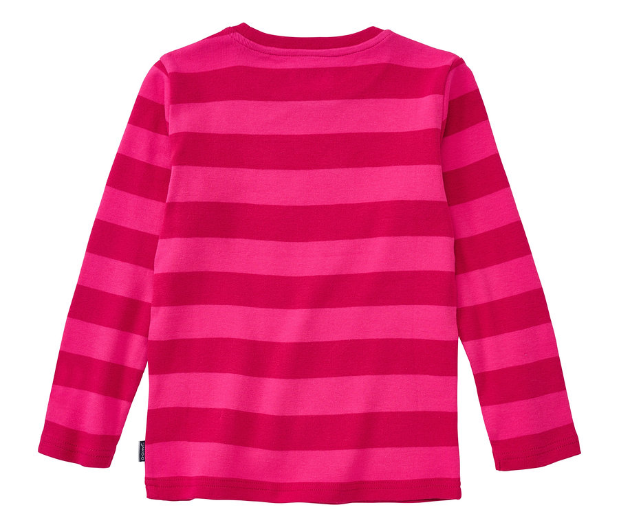 Rückansicht eines JAKO-O Streifenshirts in Fuchsia-Traube mit horizontalen Streifen.