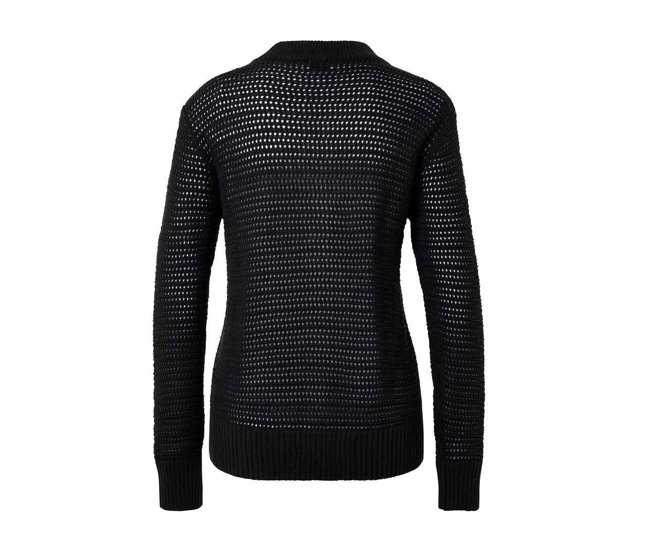 Detailansicht von hinten eines schwarzen Cardigans in Pointellestrick.