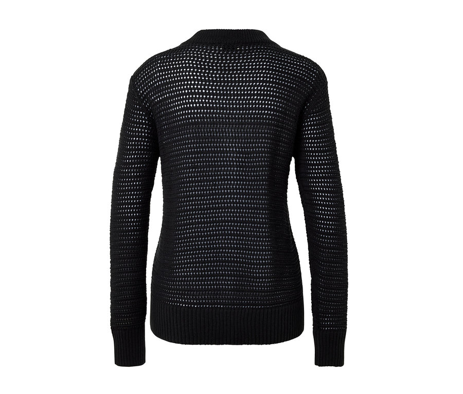 Detailansicht von hinten eines schwarzen Cardigans in Pointellestrick.