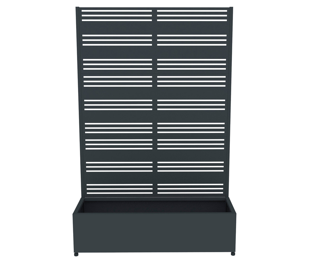 Grauer Pflanzkasten mit horizontalem Lattenzaun.