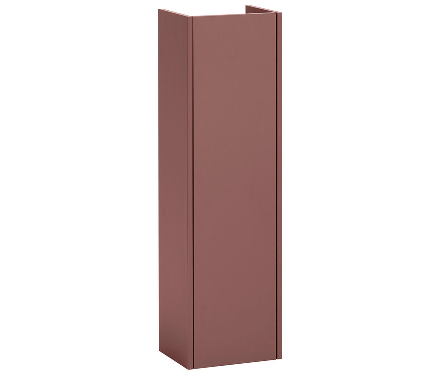 Ein schmaler, hochformatiger Badezimmerschrank in Terrakotta steht auf einem weißen Hintergrund.
