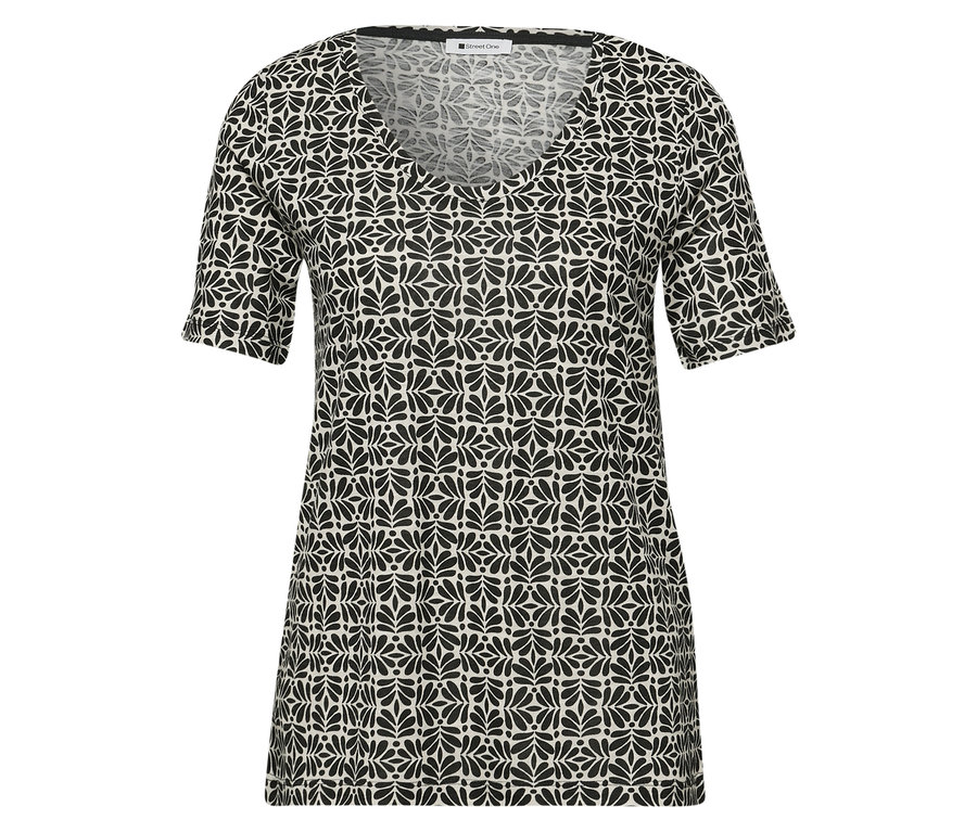 Das Street One T-Shirt hat ein schwarz-weißes Muster und einen V-Ausschnitt.