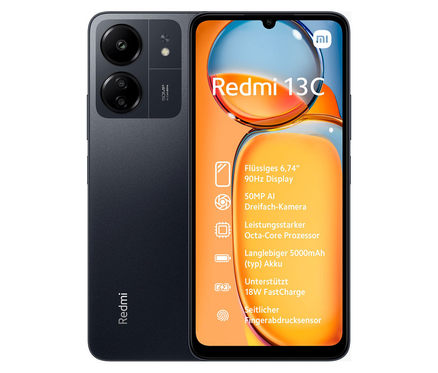 Das Xiaomi Redmi 13C 128 GB in der Farbe Midnight Black ist zu sehen.