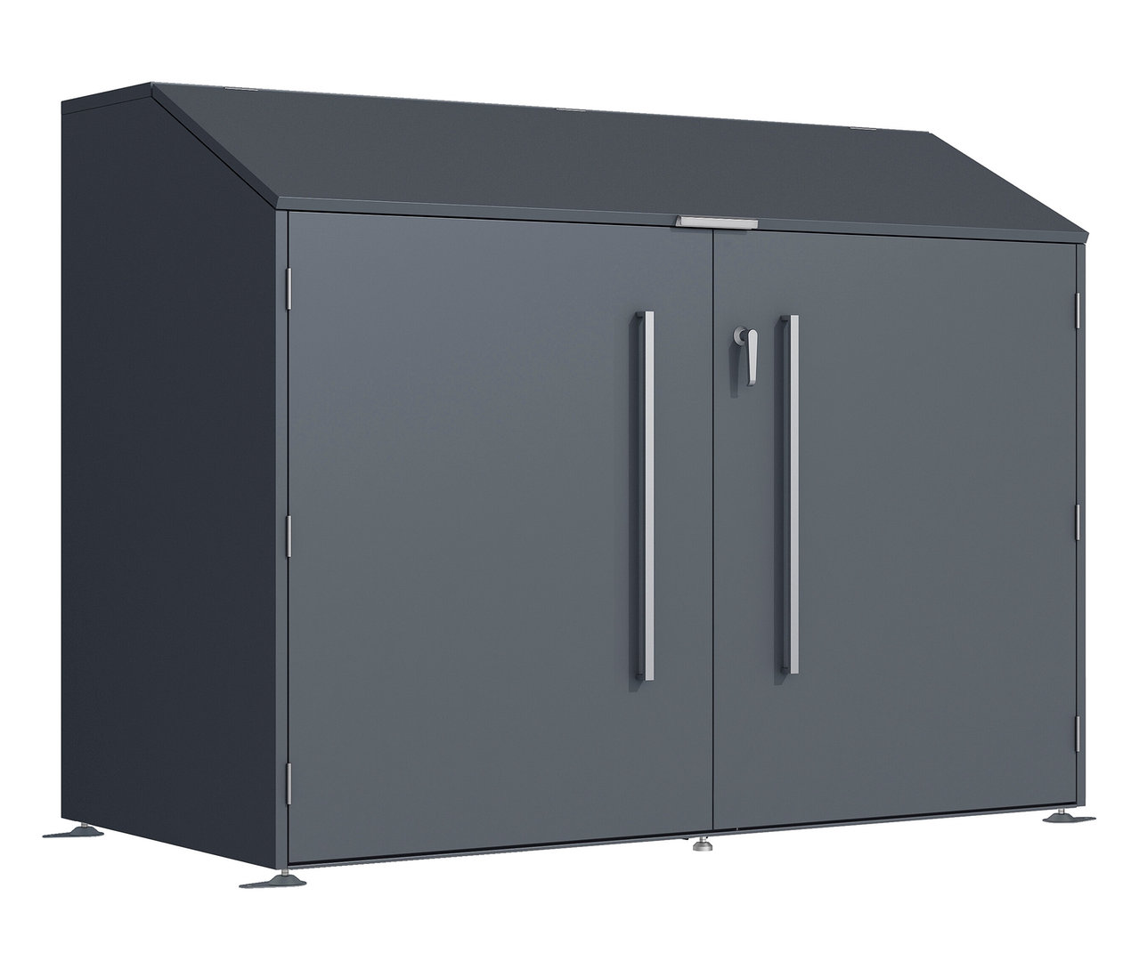 Grauer Geräteschuppen mit silbernen Griffen und Füßen vor weißem Hintergrund.