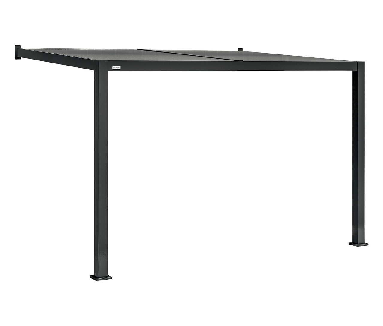 Schwarze Pergola mit verstellbarem Dach auf weißem Hintergrund.