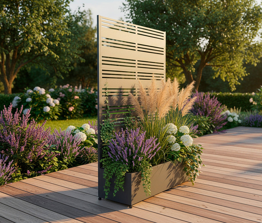 Blumenkasten mit Sichtschutzwand auf einer Holzterrasse, umgeben von Lavendel und Hortensien.