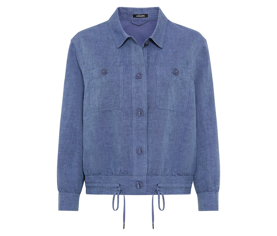 Blaue Olsen Jacke mit Knöpfen und Kordelzug.