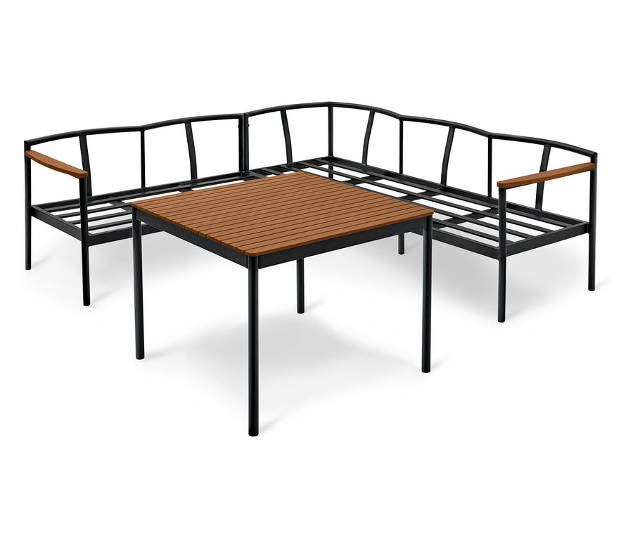 Schwarzes Ecksofa-Gestell mit braunen Armlehnen und ein quadratischer brauner Tisch mit schwarzem Gestell stehen auf einem weißen Hintergrund.