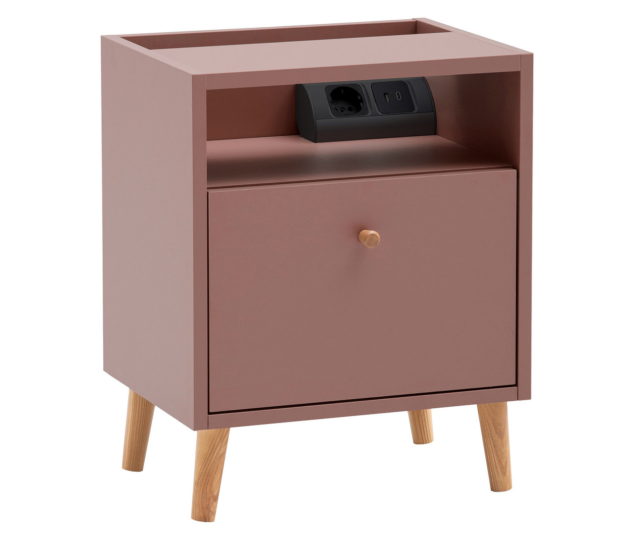 Nachttisch »Bjarne« mit Ladefunktion, mauvefarben mit einer Schublade und einem offenen Fach mit Steckdosen.