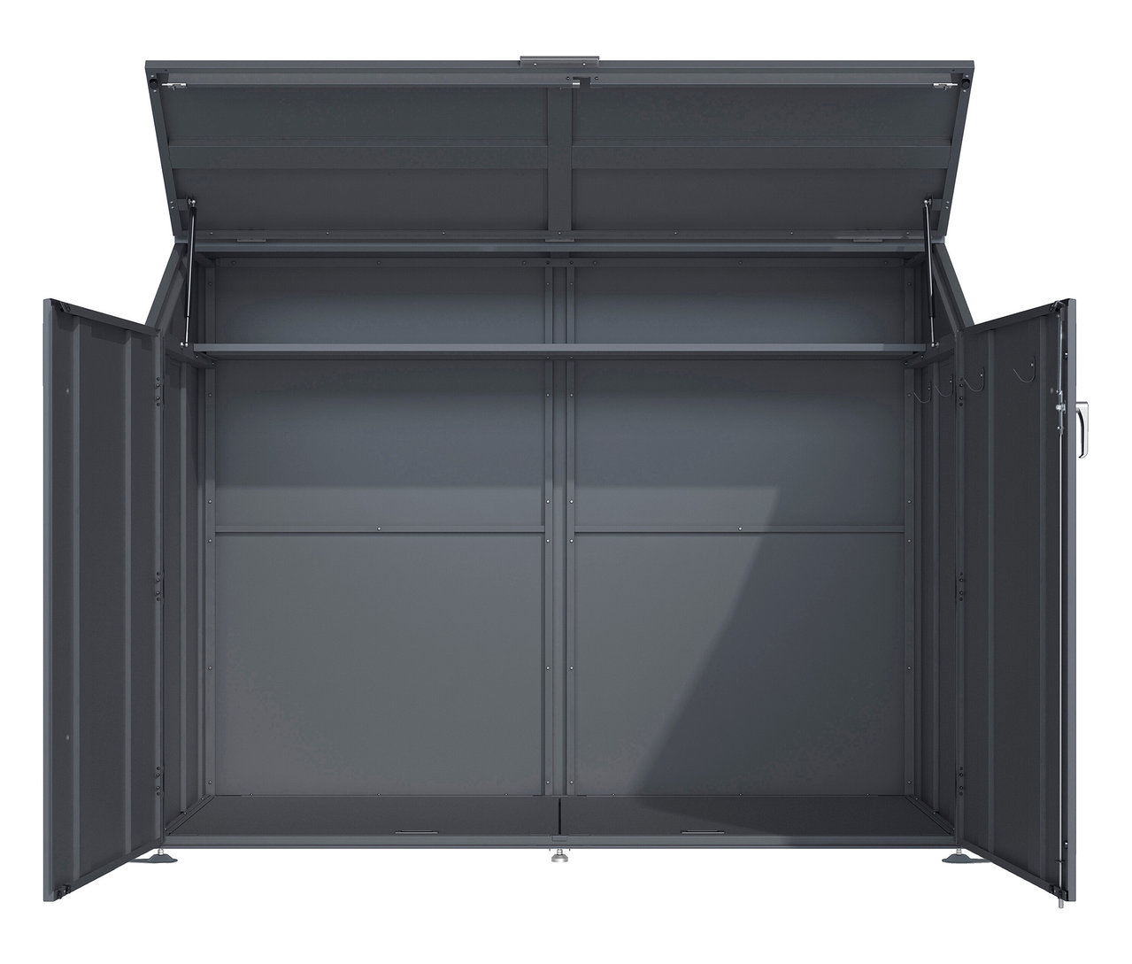 Geöffneter grauer Geräteschuppen mit Stange im Inneren.