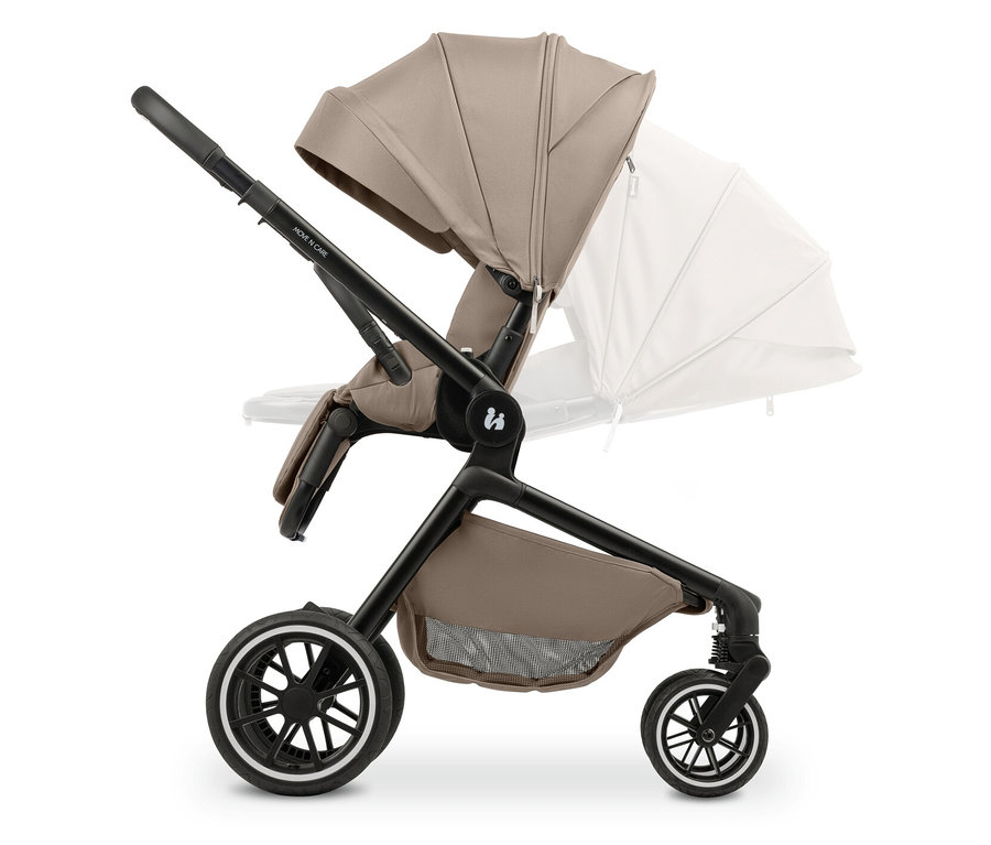 Kinderwagen in Beige und Schwarz, Seitenansicht.