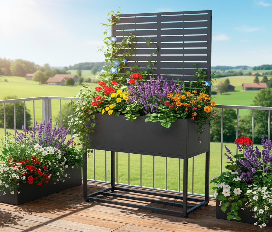 Blumenkästen mit bunten Blumen auf einem Balkon mit ländlicher Aussicht.