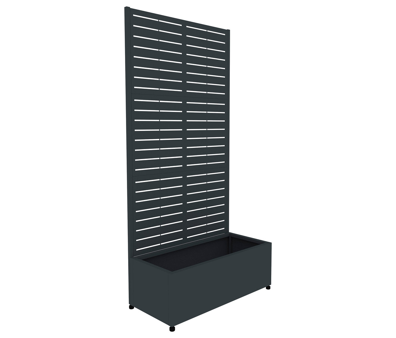 Grauer Sichtschutz mit Pflanzkasten, 90 x 184 x 42,5 cm.