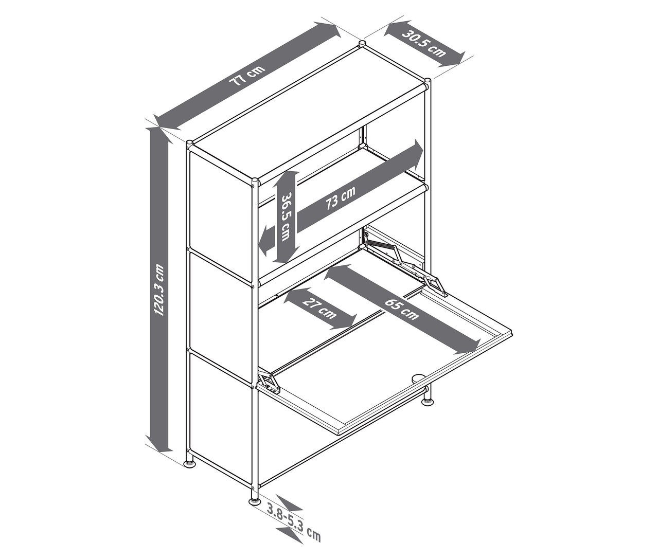 Abbildung einer Metall-Kommode »CN3 Slim Line« mit 2 versetzbaren Klappenfächern in Taupe, Weiß und Hellgrau mit Maßangaben.