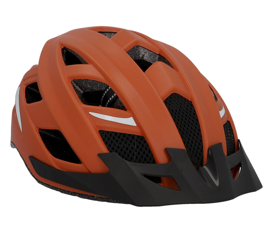 Nahaufnahme eines FISCHER Fahrradhelm Urban PLUS Miami in Orange mit schwarzem Visier in Größe S/M oder L/XL.