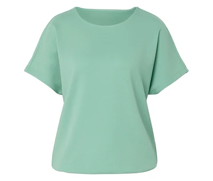 Ein hellgrünes, kurzärmeliges T-Shirt mit Rundhalsausschnitt liegt flach.